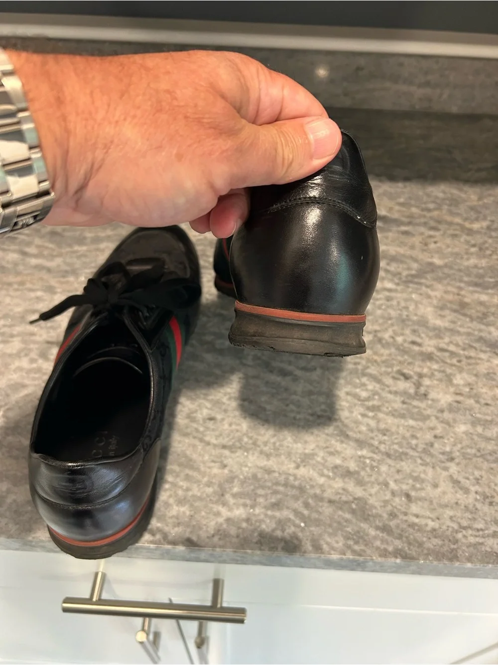 Gucci Black Leather & GG Canvas Sneaker with Red and Green Stripe Size 10 US